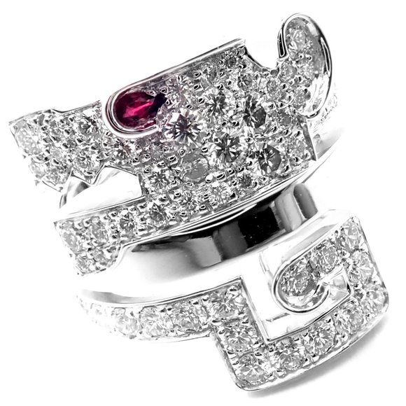 Authentic! Cartier Le Baiser Du Dragon 18k White Gold Diamond Ruby Ring Paper - Picture 2 of 10